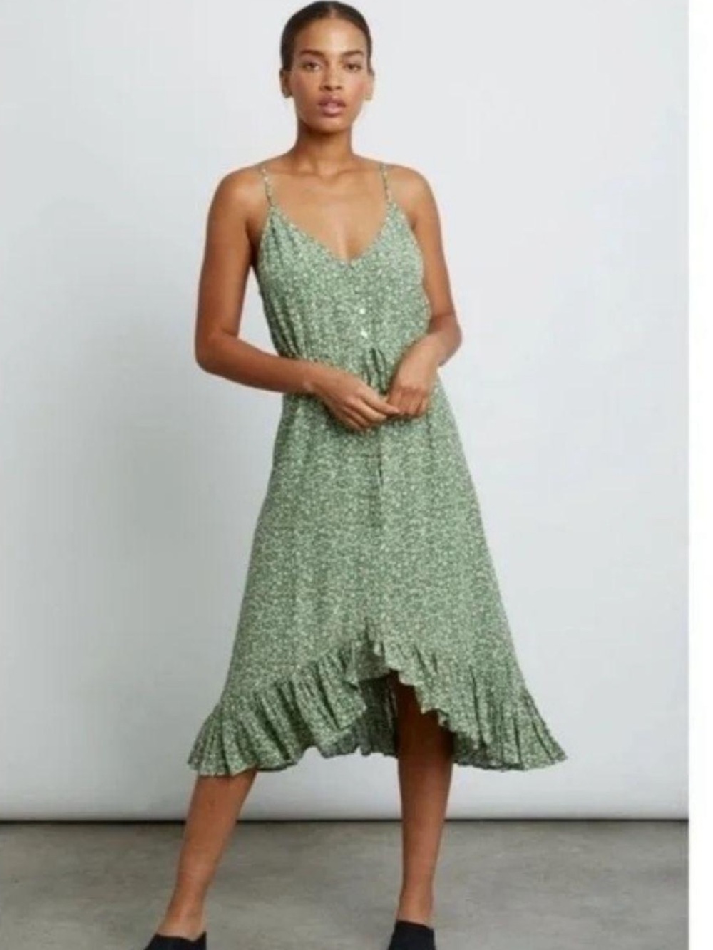 Rails Frida Dress Juniper ditsy floral print button-front high-lo ruffle hem sm